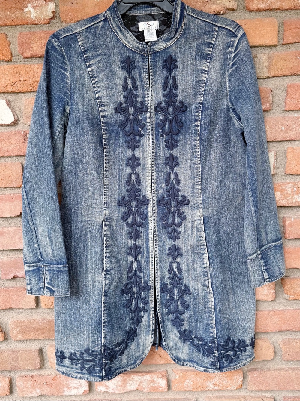 Long Embroidered Boho Denim Jacket Hip-Length Hook-and-Eye Closure Size XL - Picture 2 of 11